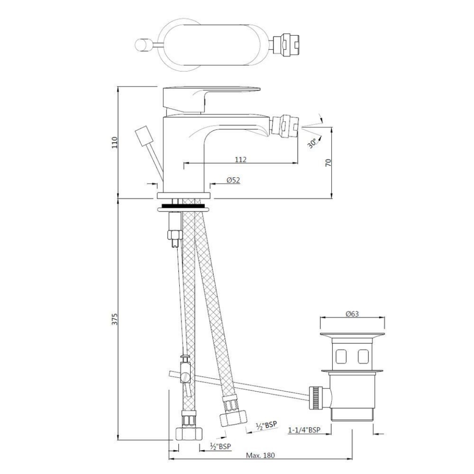 Opal Prime Chrome Single Lever 1-Hole Bidet Mixer - PopUp Waste