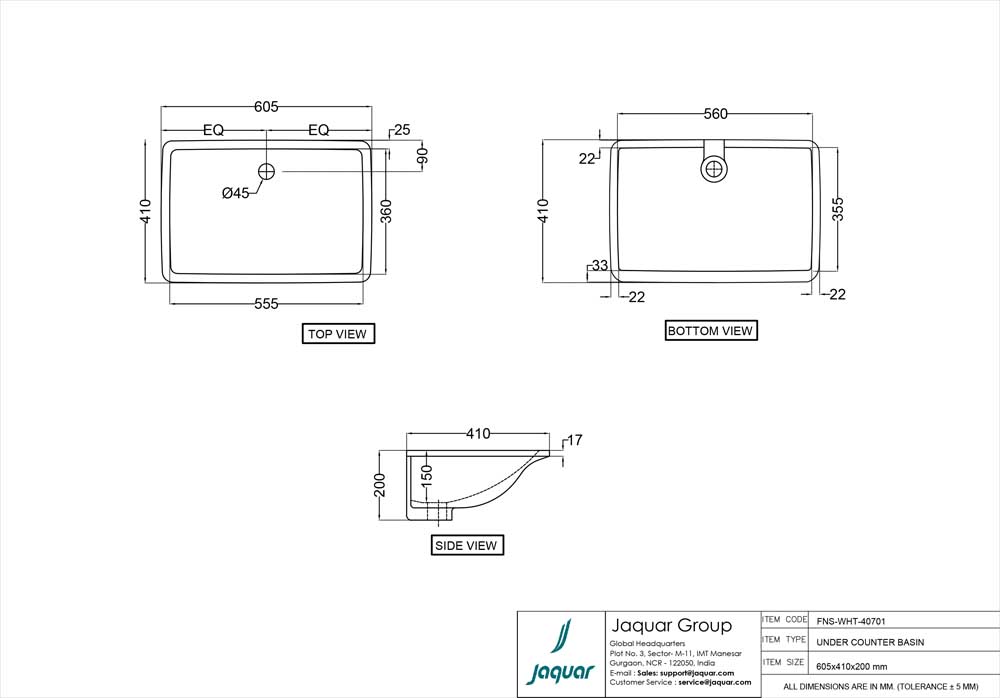 Fonte Sanitaryware Rectangular Under Counter Wash Basin