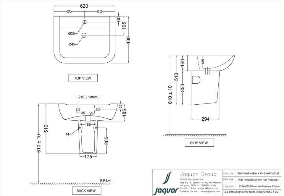 Fonte WallHung Toilet Wash Basin with Half Pedestal