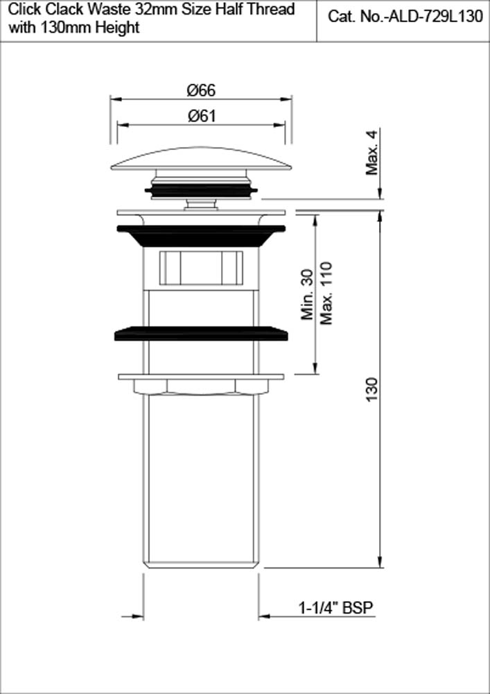 Half Thread 130mm Click Clack Waste Coupling | ALD-729L130