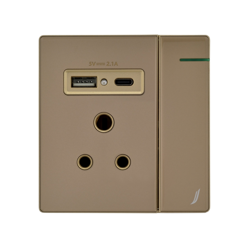 Gold Finish USB + Type C + 6Amp Combined Socket-Switch